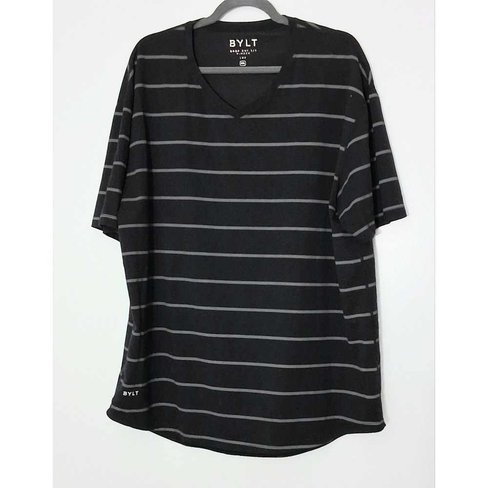 Bylt Basics T-Shirt Mens Size XXL Drop Cut V-Neck Gray Striped Lux Short Sleeve